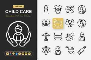 Child Care Icons, an Outline Icon by Spacepixel Creative