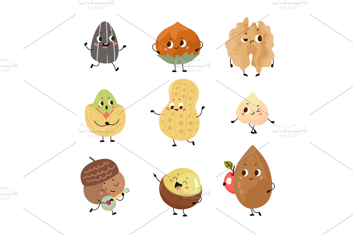 Nuts characters. Funny seed nut, a Food Illustration by Valerie Bodnar