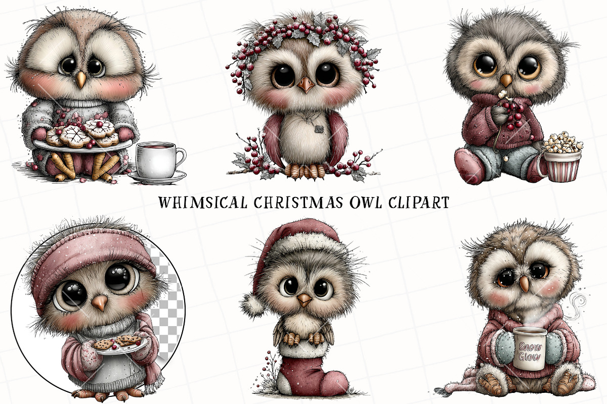 Whimsical Christmas Owl Clipart, an Illustration by OK Design (Photo 2 of 6)