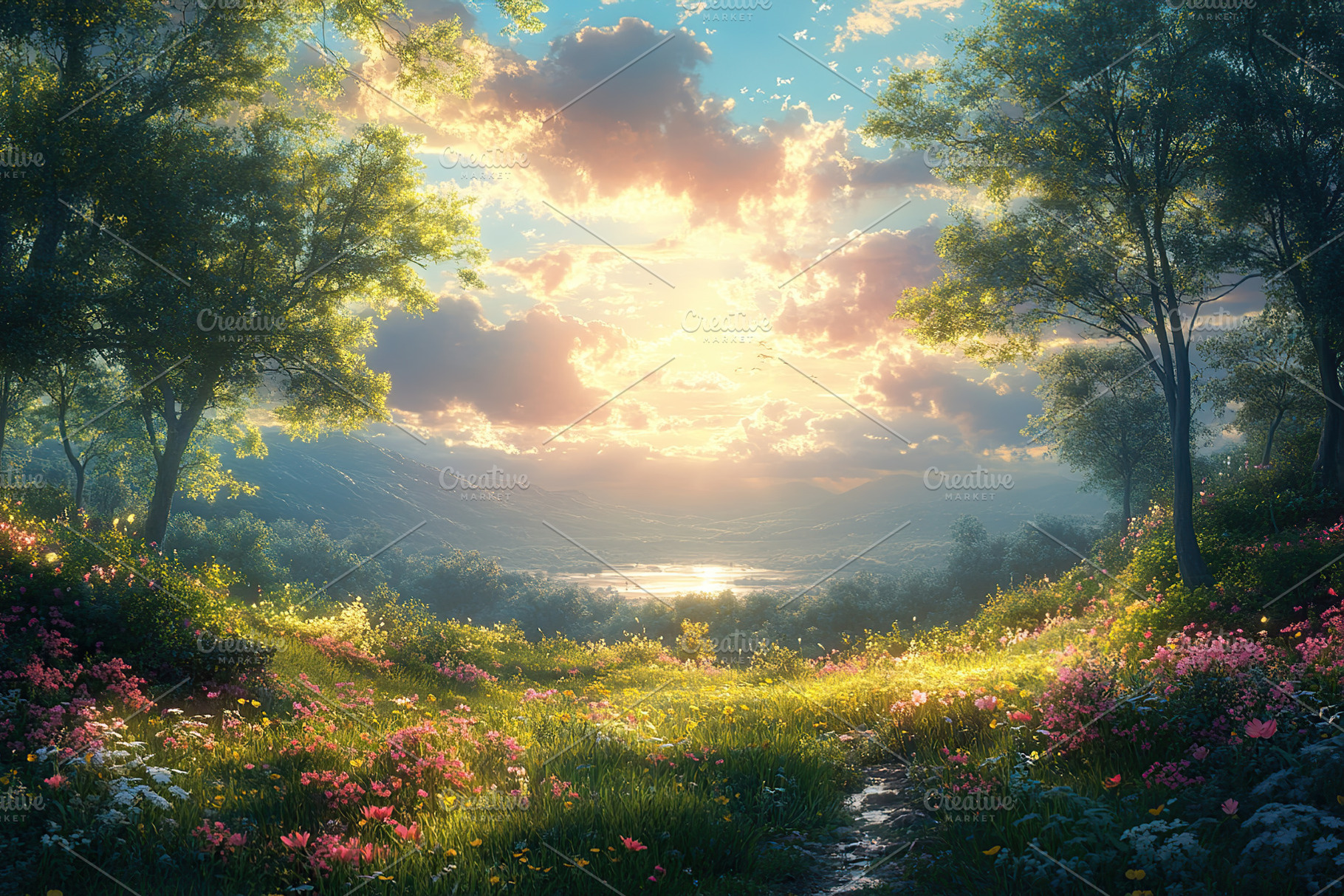 Sunrise over a vibrant meadow beside a serene lake with flowers, a Nature Photo by AlyaAnd