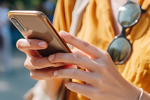 Young woman holding smartphone while enjoying a sunny day outdoors in a casual, a Technology Photo by AlyaAnd