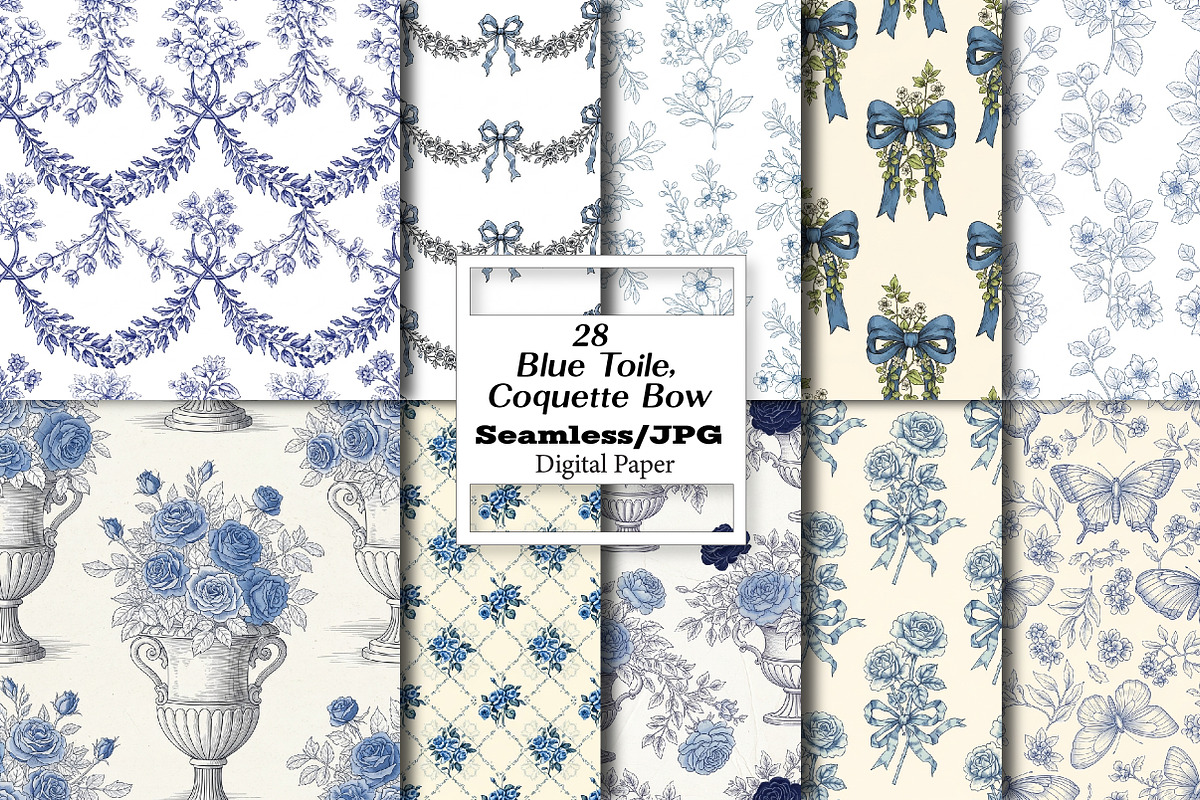 Blue Toile Digital Paper, Coquette, a Pattern Graphic by Wow Magic (Photo 2 of 3)