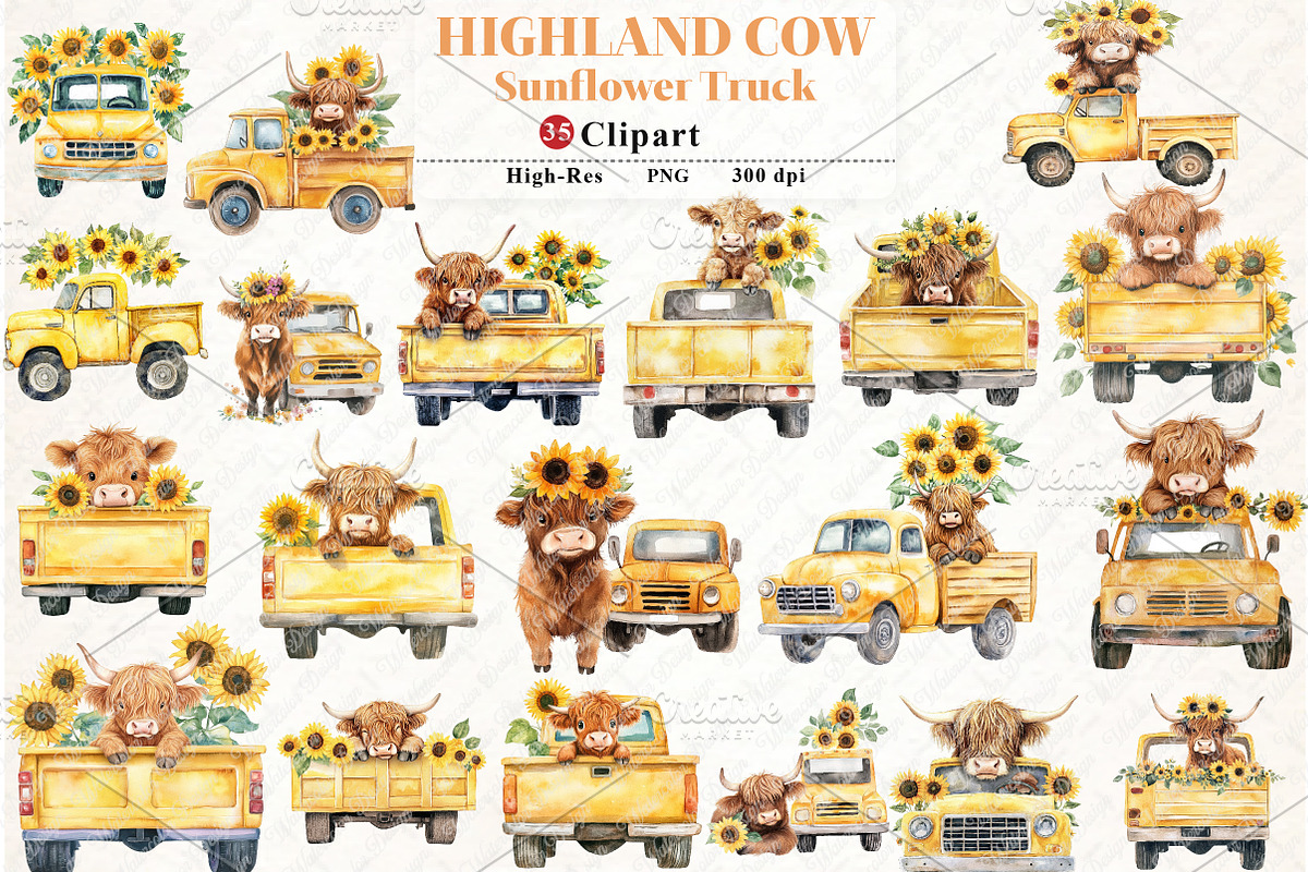 Sunflower Highland Cow Truck Clipart, an Illustration by Watercolor design (Photo 1 of 12)