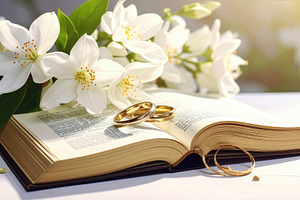 Wedding Rings on Open Bible with White Blossoms, a Holiday Photo by Davizro's Market