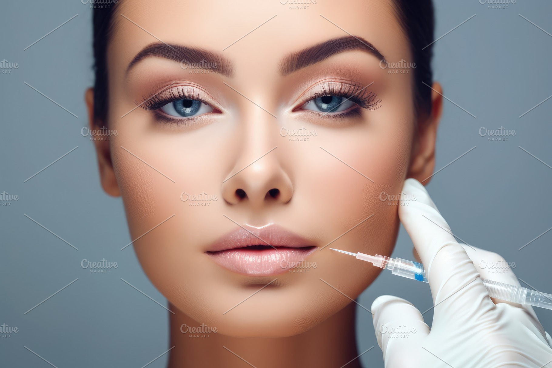 Face skincare, forehead injection and woman in studio isolated o, a Beauty & Fashion Photo by designvectx