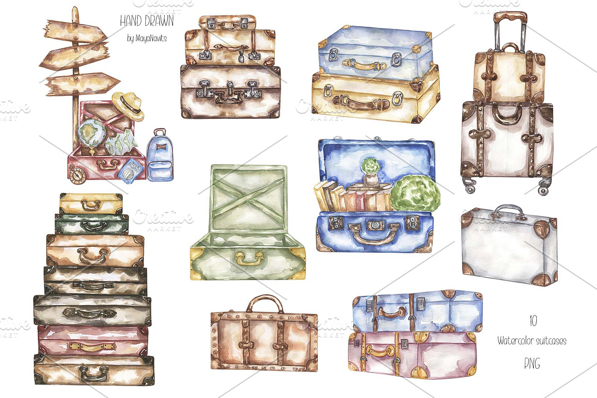 Watercolor Suitcases Collection, an Object Illustration by MayaNavits (Photo 3 of 6)