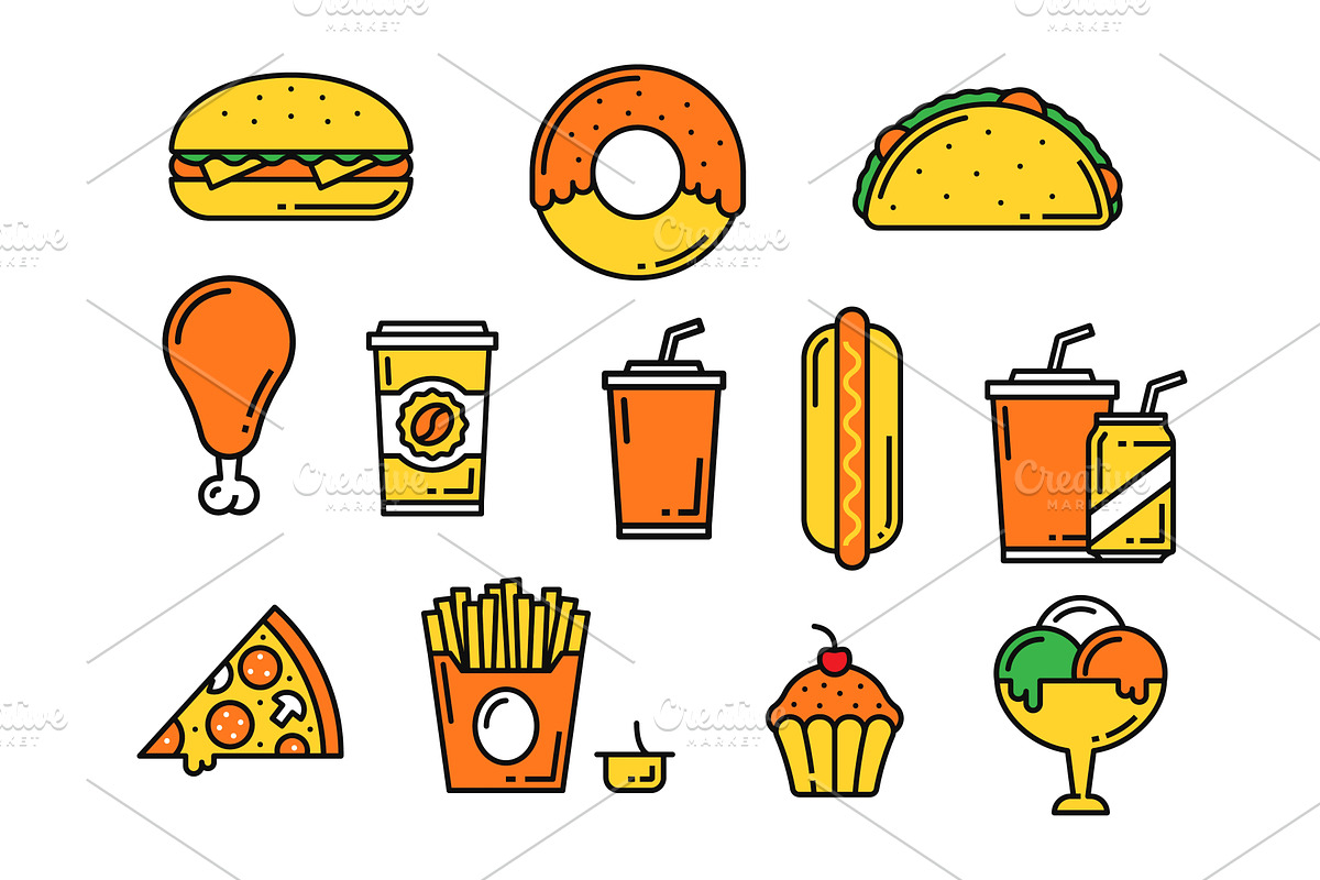 Fast food thin line icons, snacks, a Food Illustration by Vector Tradition
