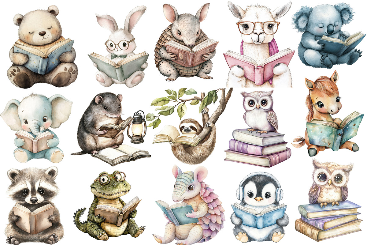 Pastel Animal Reading Clipart PNG, an Illustration by SinaCreation (Photo 2 of 5)