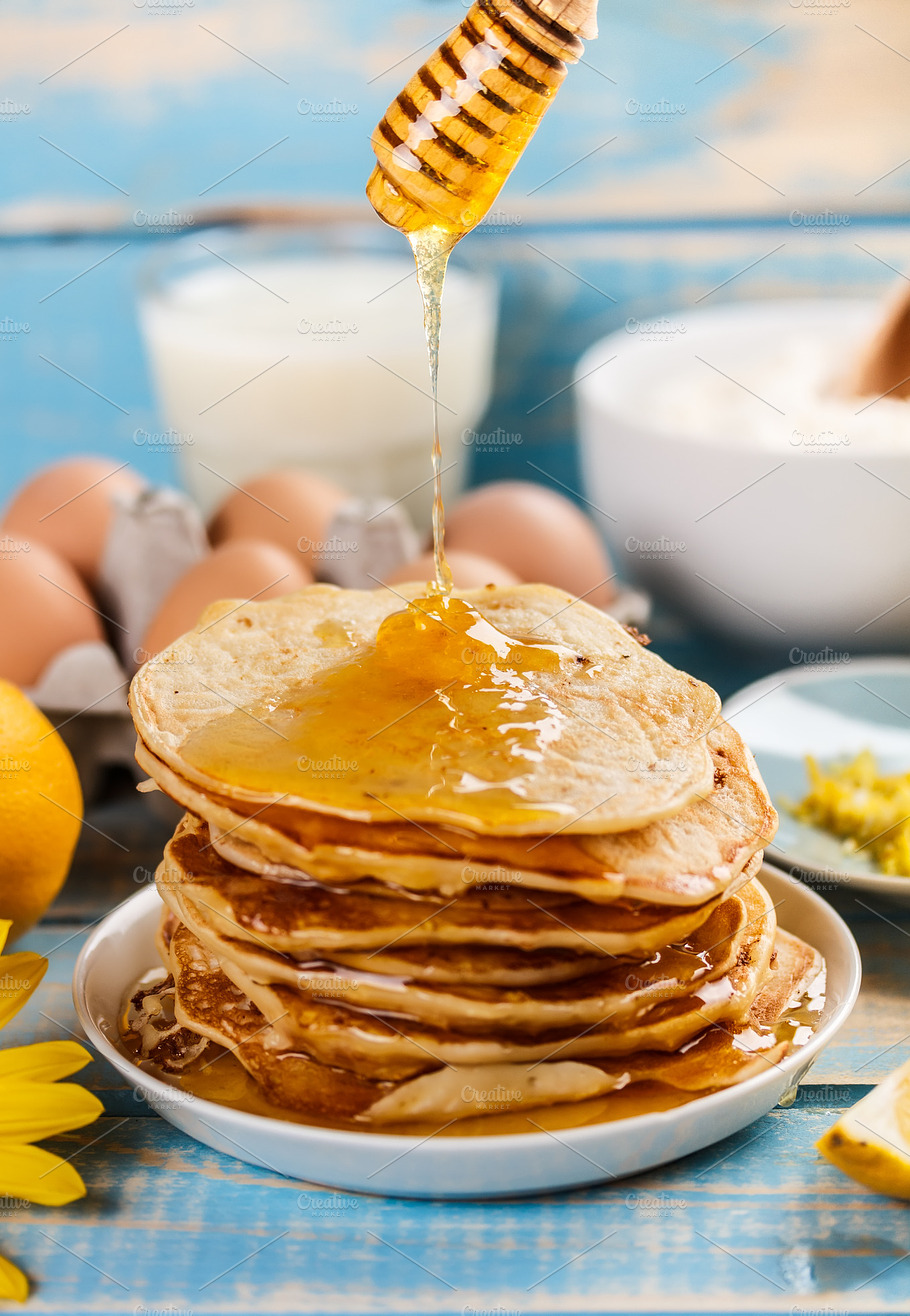 Pancakes Containing Syrup Honey And Stack