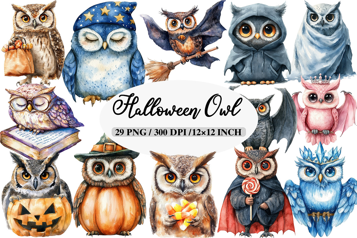 Watercolor Halloween Owl Clipart, an Illustration by Daily.Designs (Photo 1 of 5)