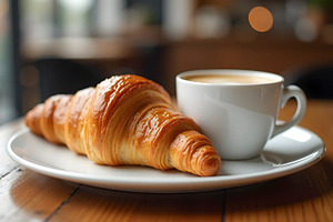 Croissant And Coffee Served On Rusti, a Photo by LOGOCREATIVE