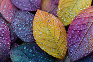 Colorful leaves with water droplets, a Photo by Pavel_design
