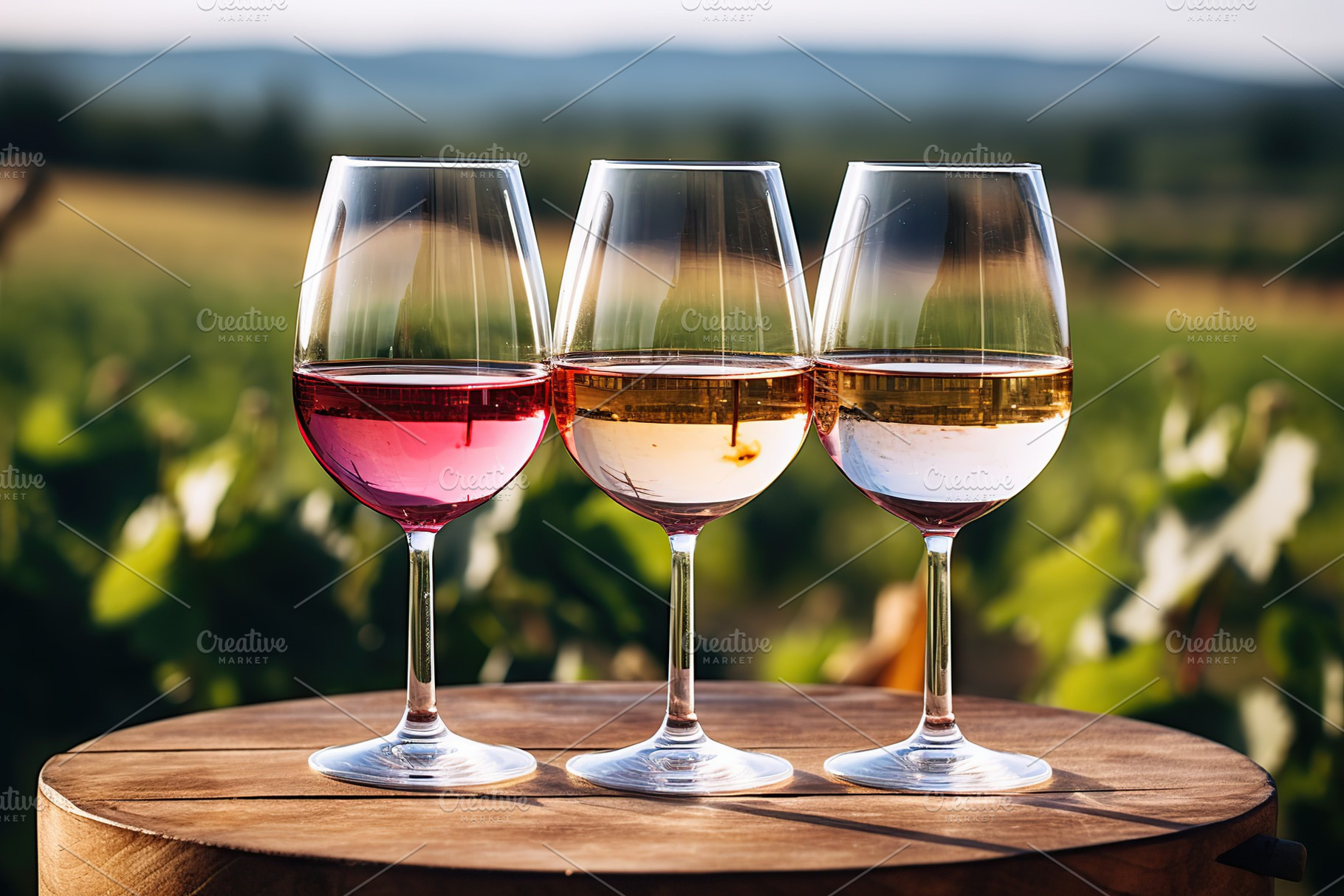 Glasses of red, white and pink wine on vineyard background, a Food & Drink Photo by AlyaAnd