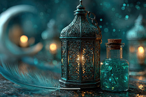 Teal Lantern Bottle Feather Magical, an Abstract Photo by Pixeness Studio