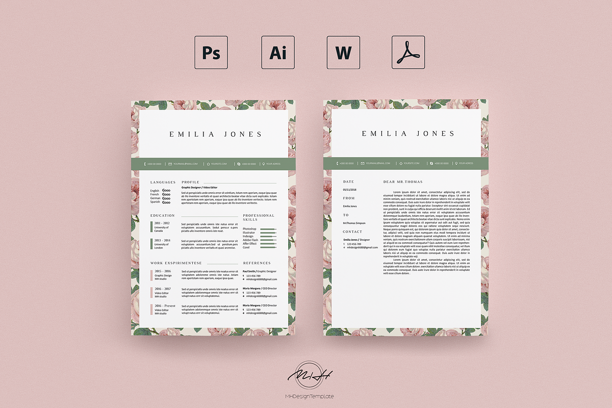 Roses Floral Resume / Card Template, a Resume Template by MH Design Template (Photo 2 of 4)