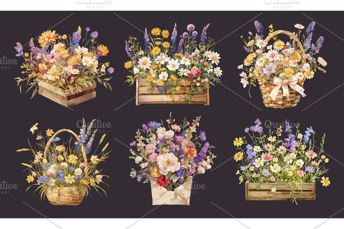 Wildflower bouquet watercolor, an Object Illustration by Stock-Smart-Start
