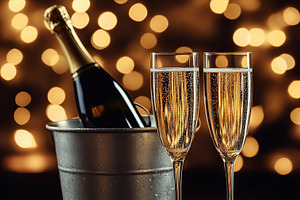 Champagne glasses and bucket with champagne bottle on blurred li, a Food & Drink Photo by AlyaAnd