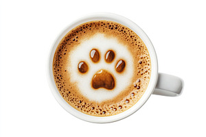Cup of cappuccino with drawn cat paw on white background, flat lay, a Food & Drink Photo by AlyaAnd