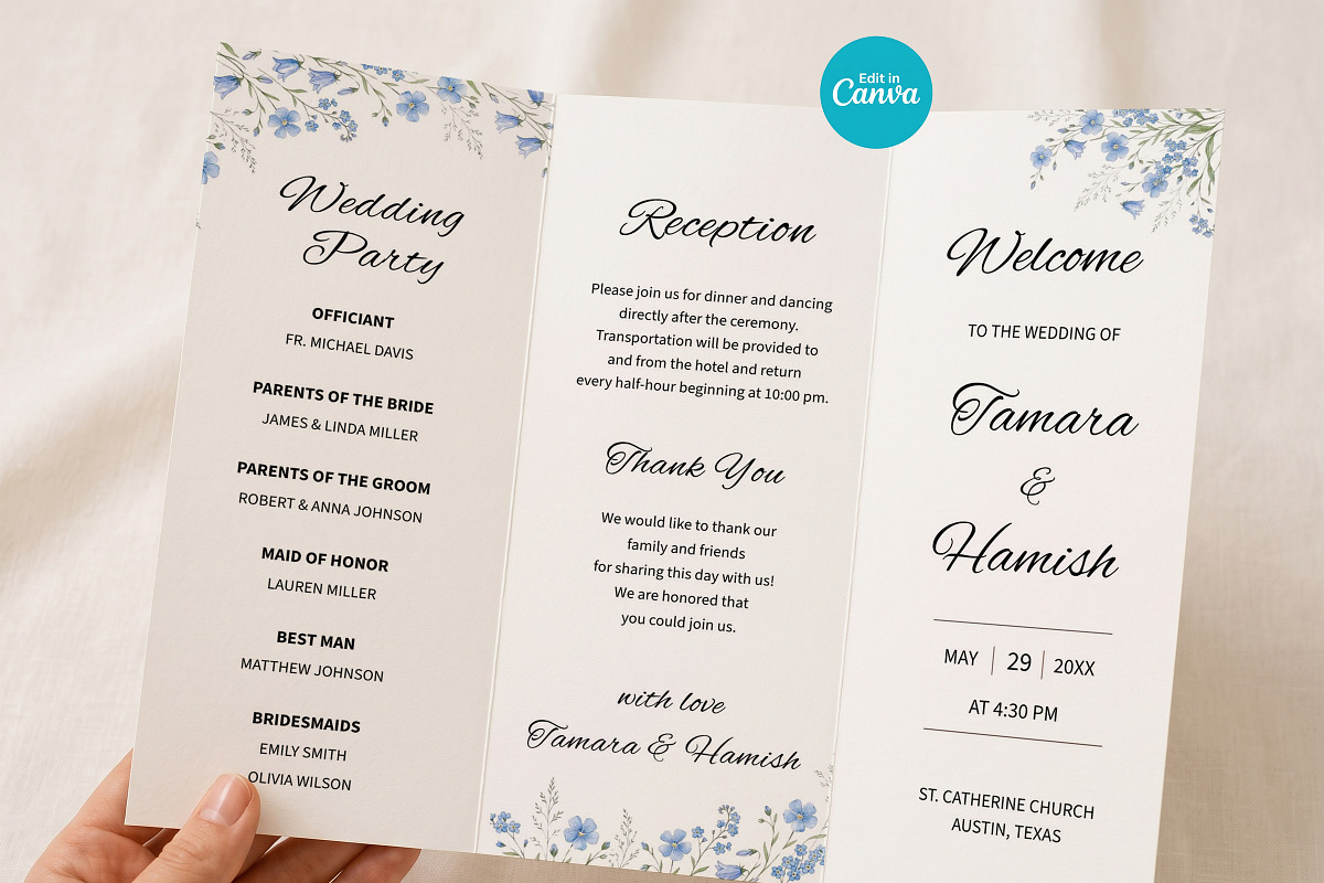 Blue Floral Wedding Program, an Invitation Template by Arslan (Photo 2 of 4)