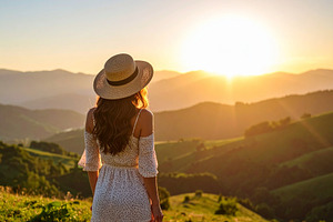 Woman watching the sunrise over the mountains, a Person Photo by DanFLCreativo