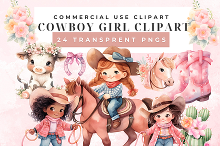 Watercolor Cowboy Girl Clipart Set, an Illustration by Anca Digital Vibe