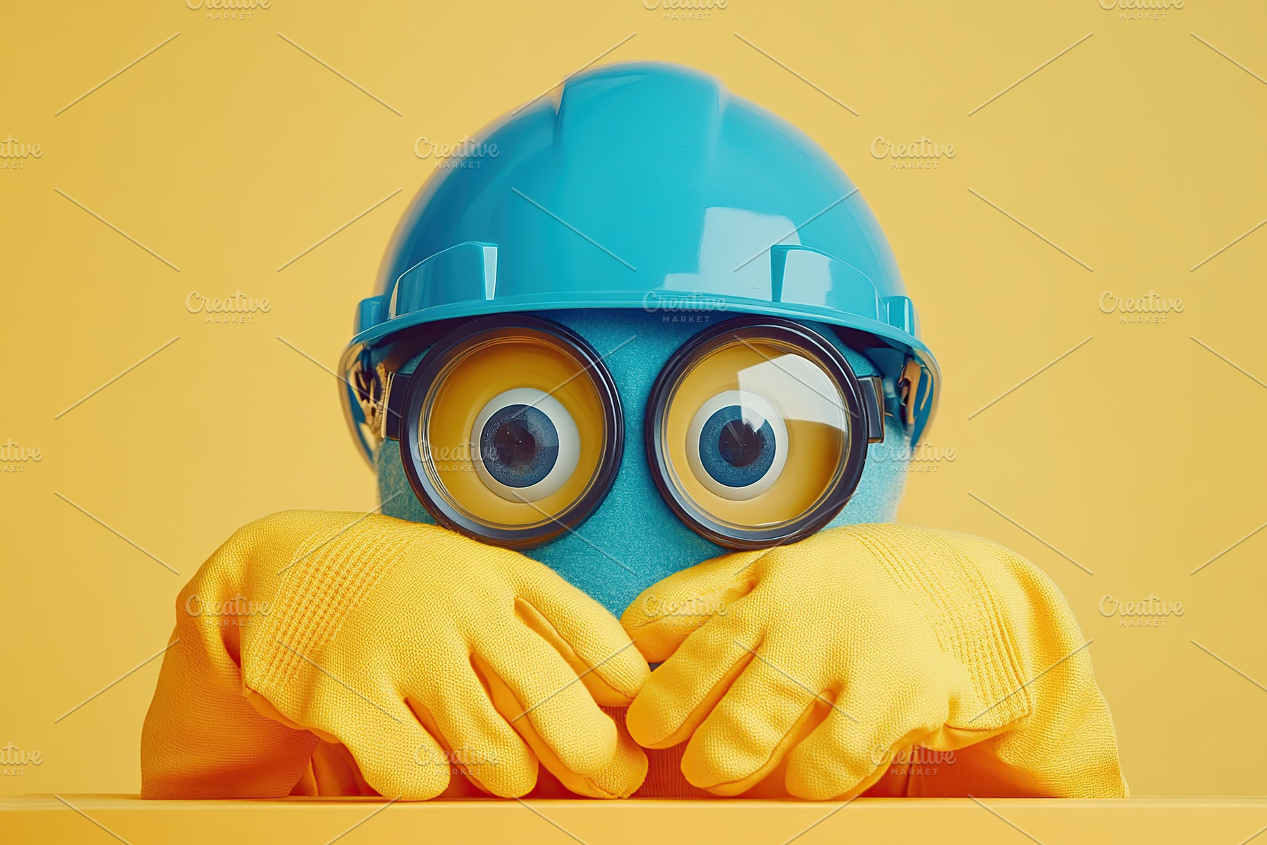 This adorable character with large eyes wears a blue helmet and yellow gloves,, a Photo by AlyaAnd
