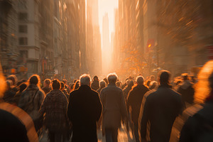 Golden Hour City Crowd Walking Sunli, a Photo by Pixeness Studio