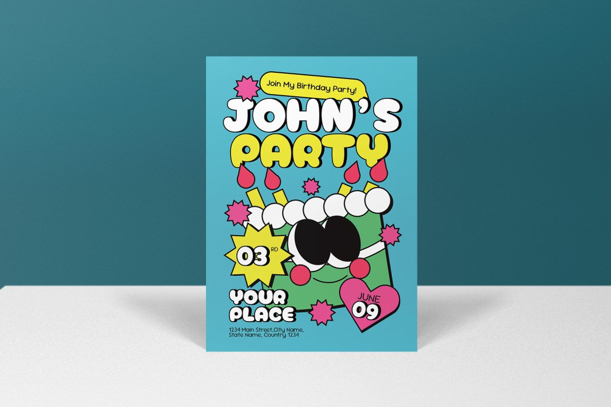 Blue Pink Kids Birthday Invitation, an Invitation Template by graphicook (Photo 3 of 3)