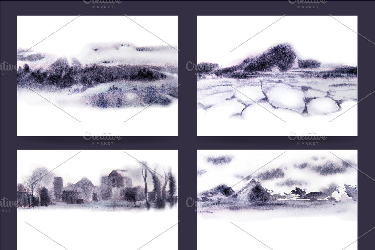 Watercolor Winter Landscapes Set, a Texture Illustration by Nuburu (Photo 12 of 14)