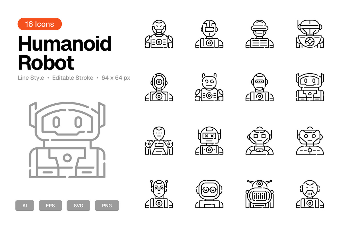 Humanoid Robot Icon Set, an Outline Icon by Eklip Studio