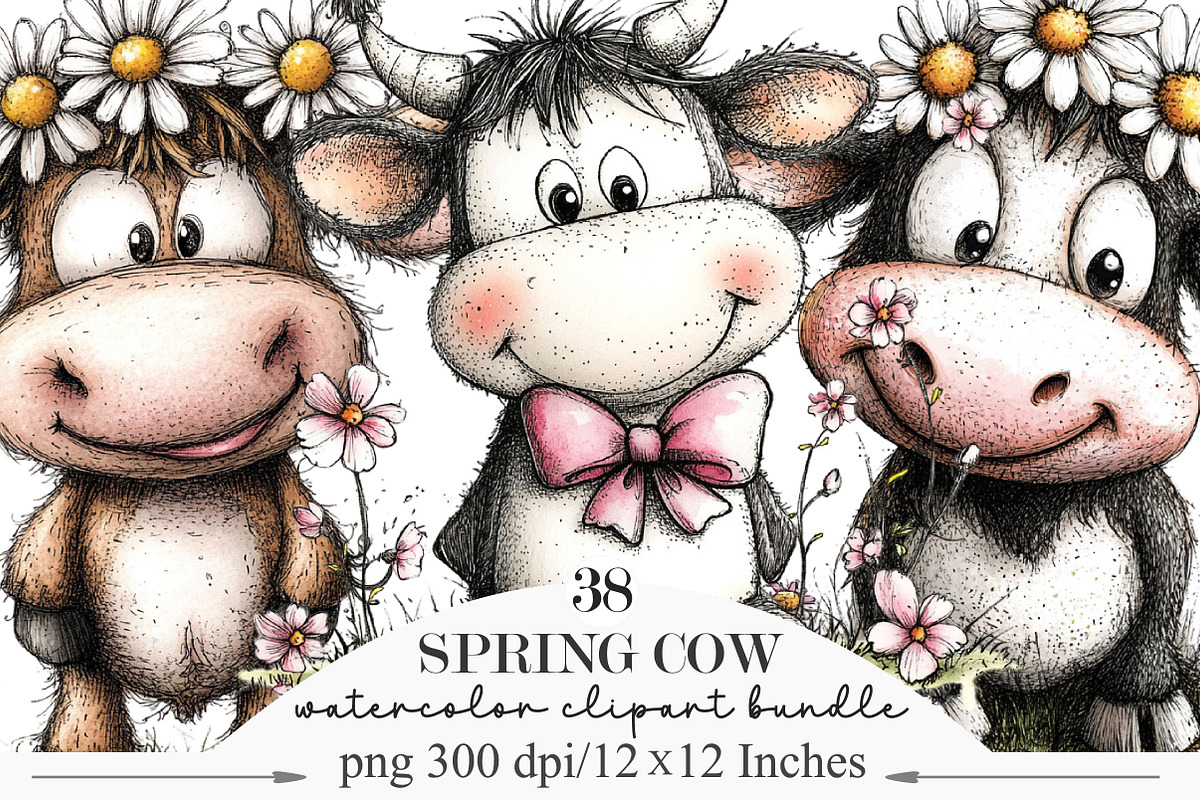 Whimsical Spring Cow Clipart, an Illustration by Designking (Photo 1 of 5)