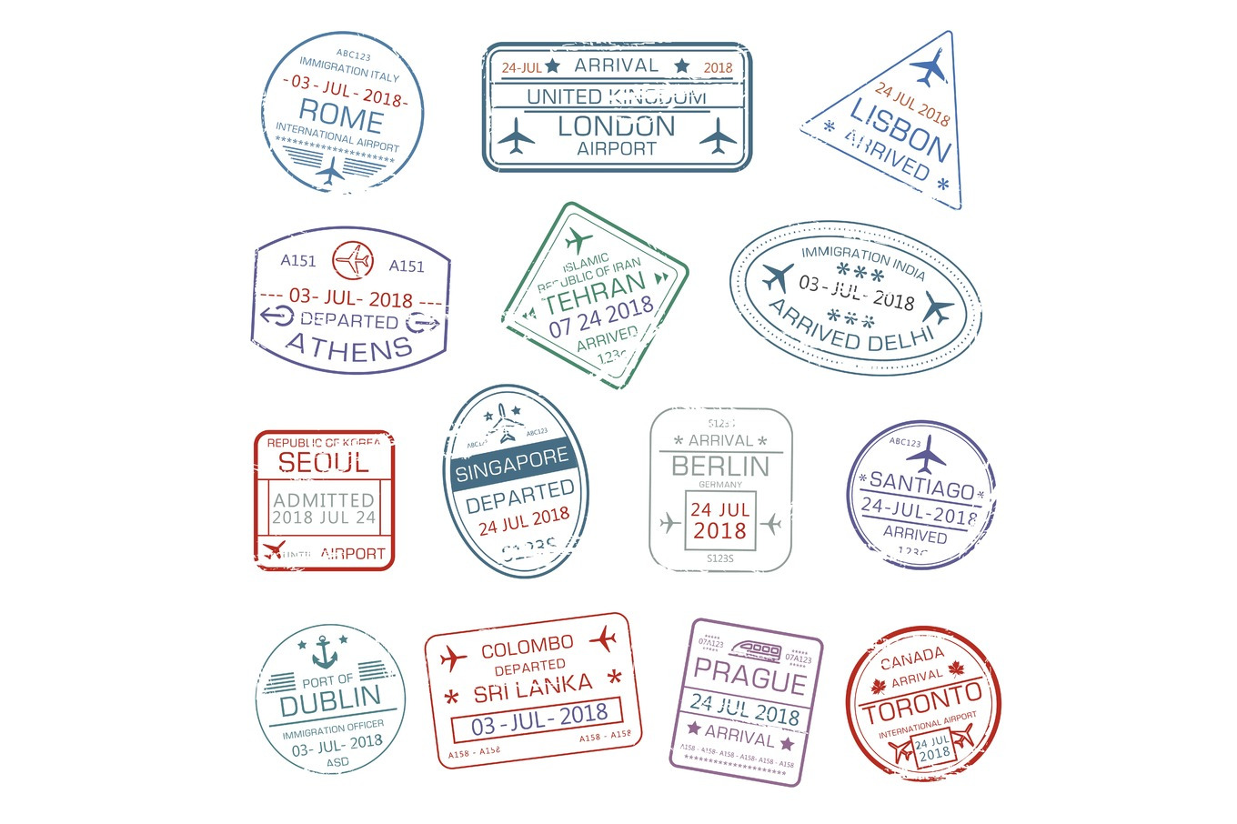 Vector icons of world travel city passport stamps | Graphic Objects ...