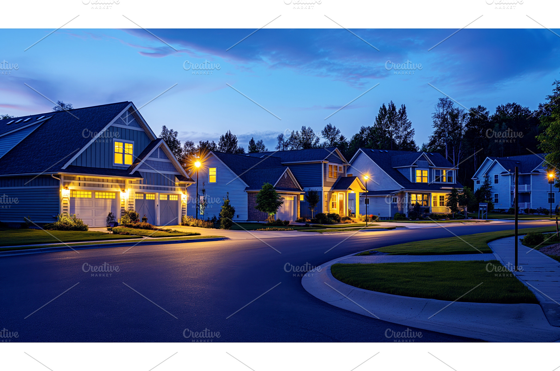 Suburban neighborhood at dusk with, an Architecture Photo by Sergey Kotenev