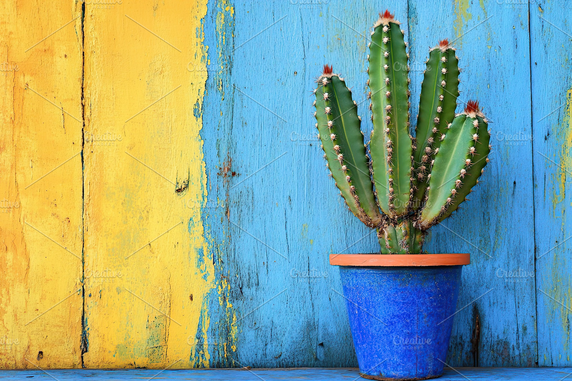 A tall cactus with green pads rises in a cement pot against a vibrant blue and, a Nature Photo by AlyaAnd