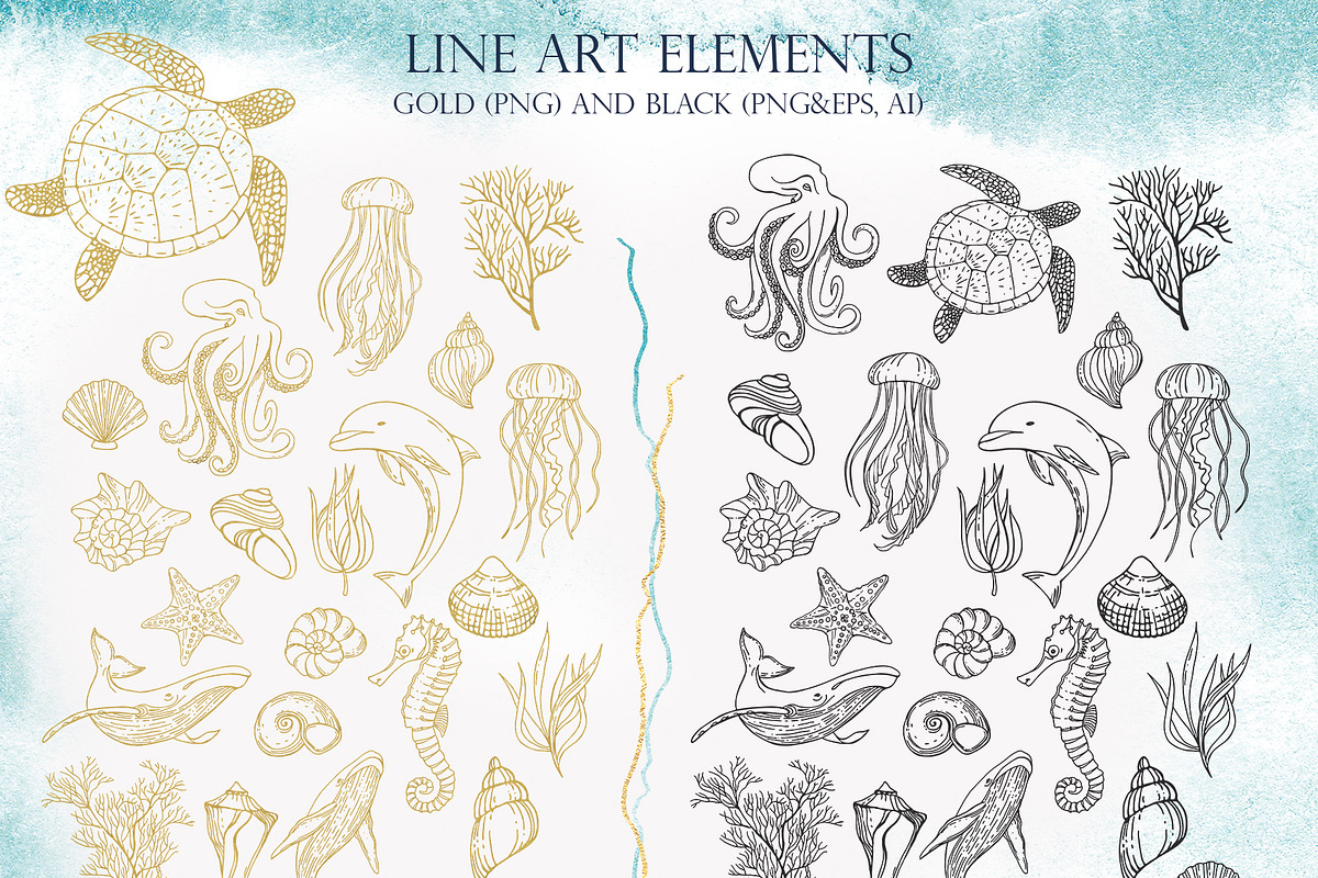 Ocean Watercolor & Gold Collection, a Decorative Illustration by InstaDesignPro (Photo 8 of 13)