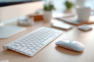 Modern workspace with keyboard and laptop, a Technology Photo by AlyaAnd