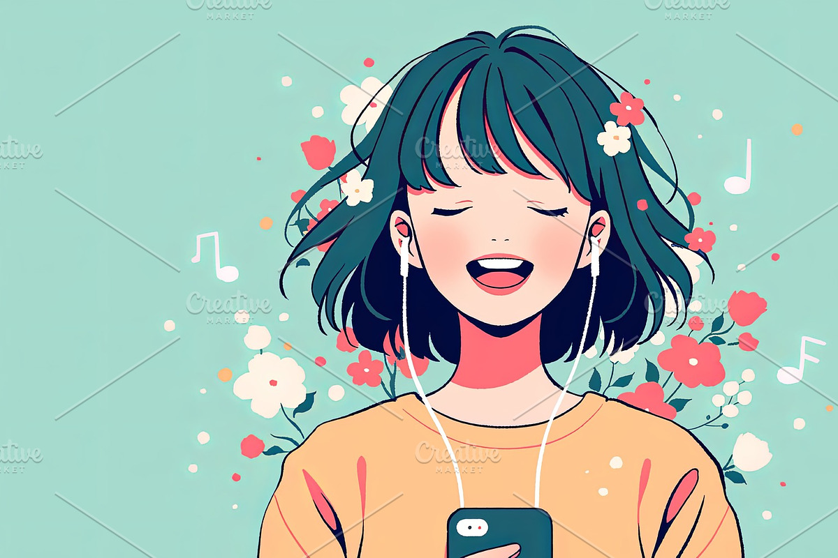 Young woman happily listening to music with headphones and floral illustration., an Illustration by AS photostudio