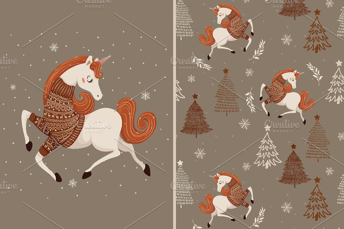 Christmas unicorn vector. Pattern, an Animal Illustration by StudioLondon (Photo 3 of 3)