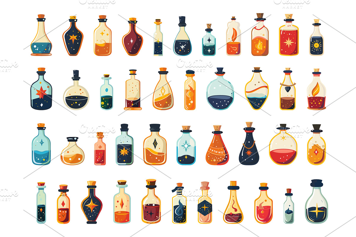 Flat Bottles of Magic Potion Icon, an Object Illustration by LadadikArt