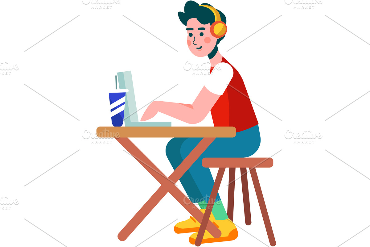 Man work on laptop at desk vector, a Person Illustration by vectorpointstudio