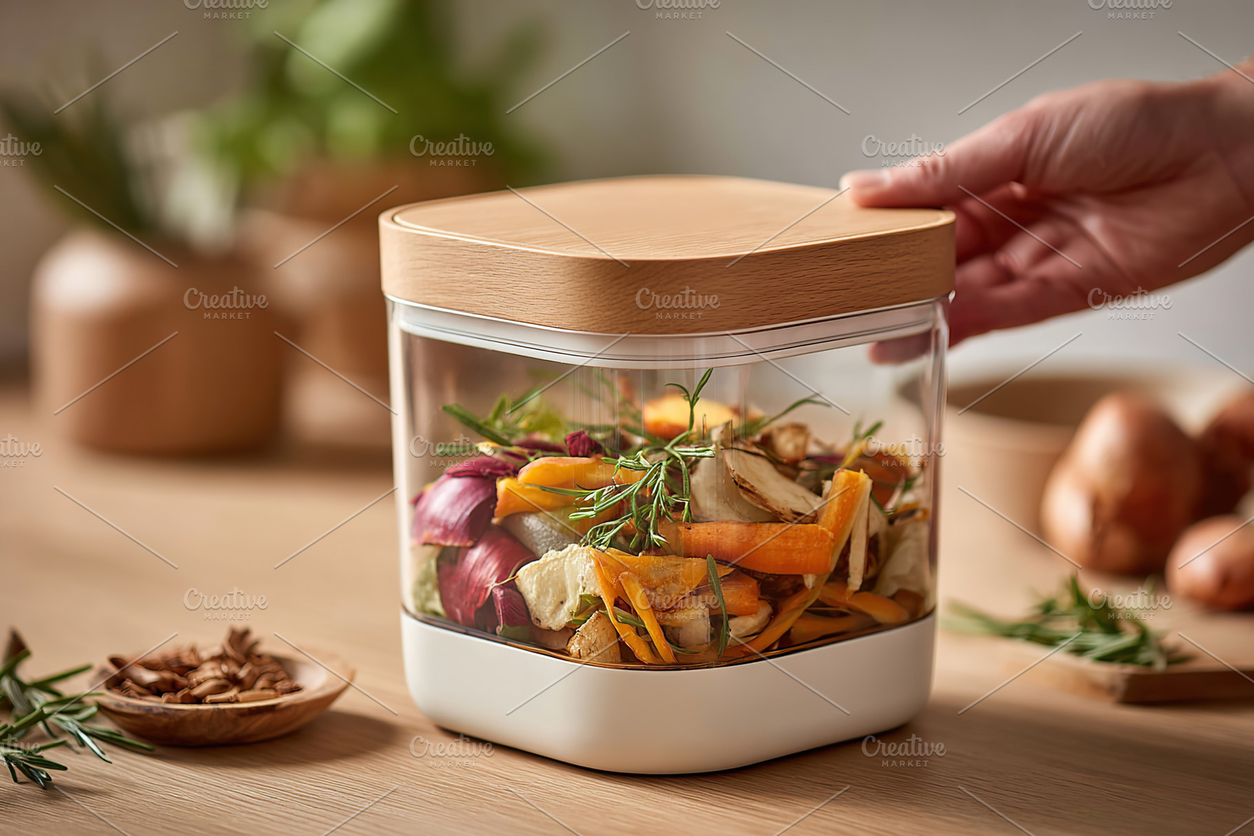 Fresh vegetables and herbs stored in a minimalist kitchen bin with a wooden lid, a Food & Drink Photo by AlyaAnd