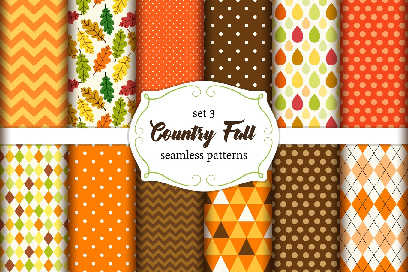 Set of 12 cute seamless Country Fall patterns with primitive ornaments ...
