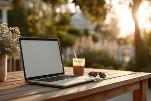 Outdoor laptop workspace with blank screen, iced coffee and gard, a Beauty & Fashion Photo by José Manuel Gelpi