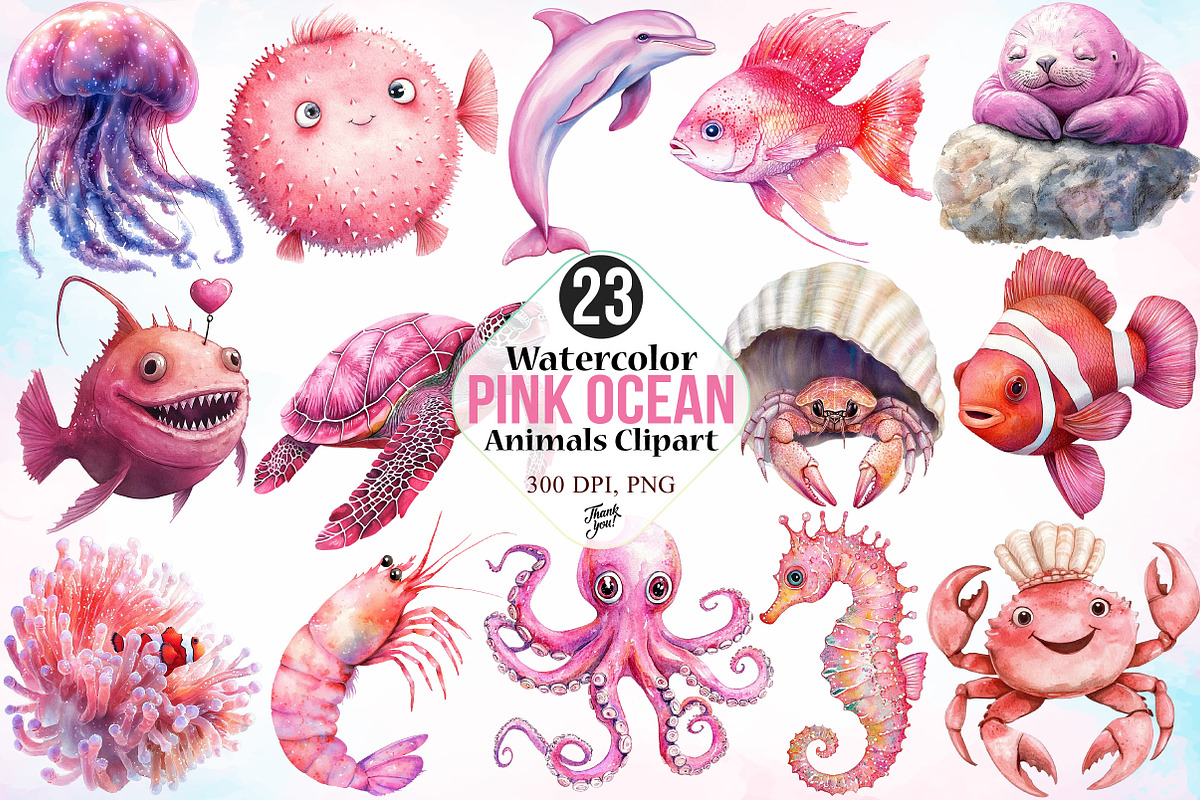 Watercolor Pink Ocean Animals Clipar, an Illustration by Canvas Craft (Photo 1 of 3)