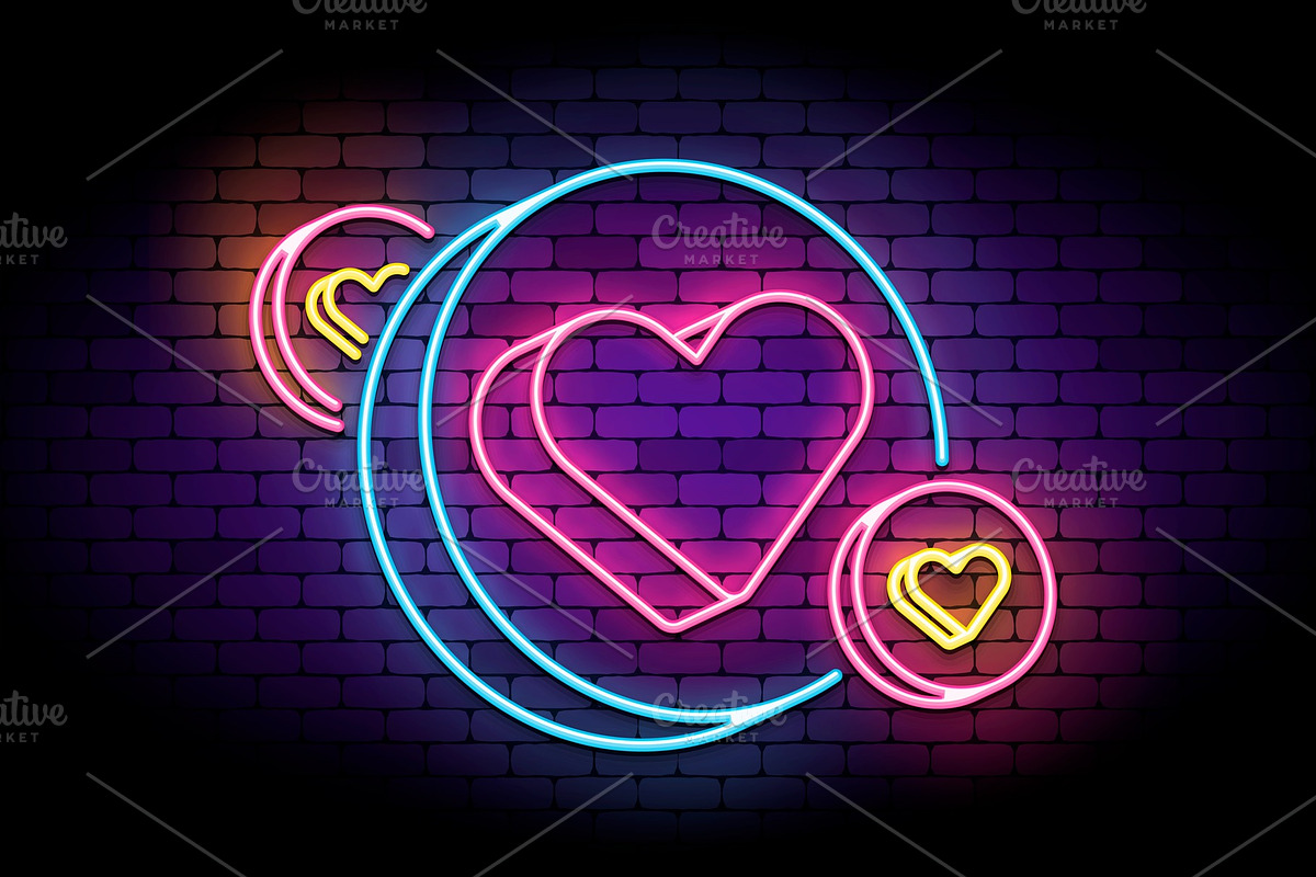 Neon sign with hearts in circles., an Illustration by zaniman