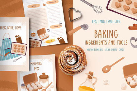 Baking ingredients and tools, a Food Illustration by vik.stock
