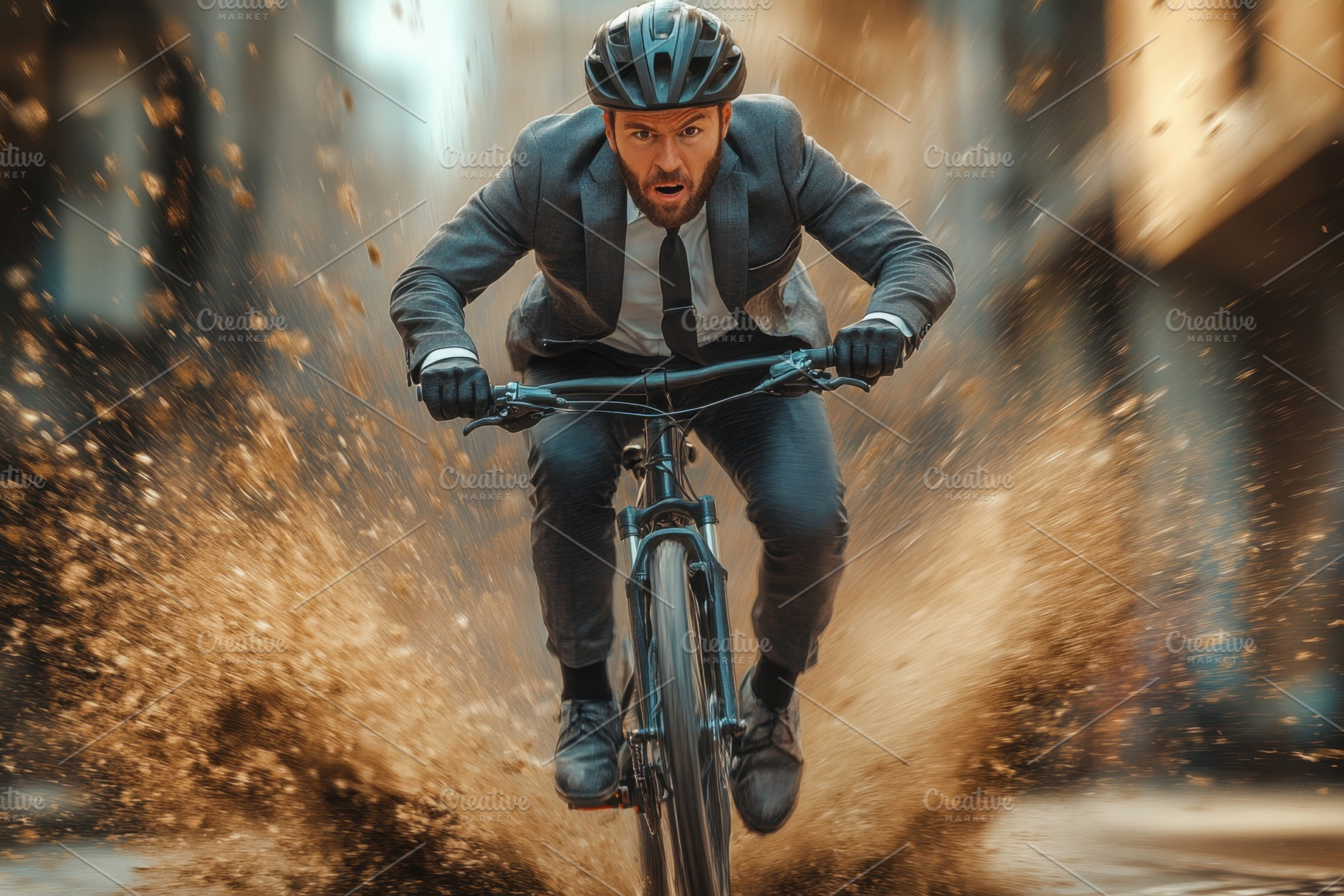 Businessman riding bicycle through u, a Photo by Tanuart