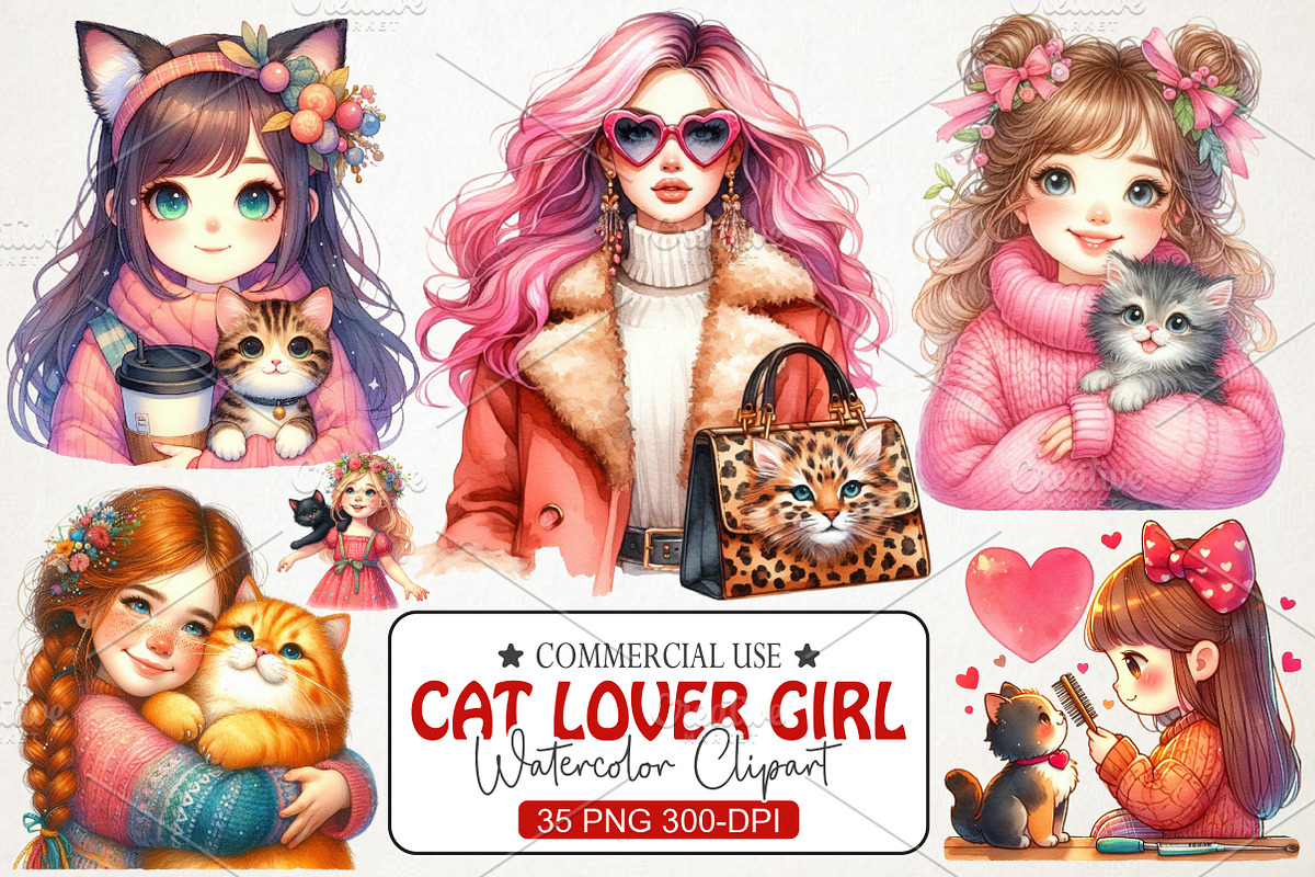 Cute Catlover Girl Clipart, an Illustration by RobertsArt (Photo 1 of 7)
