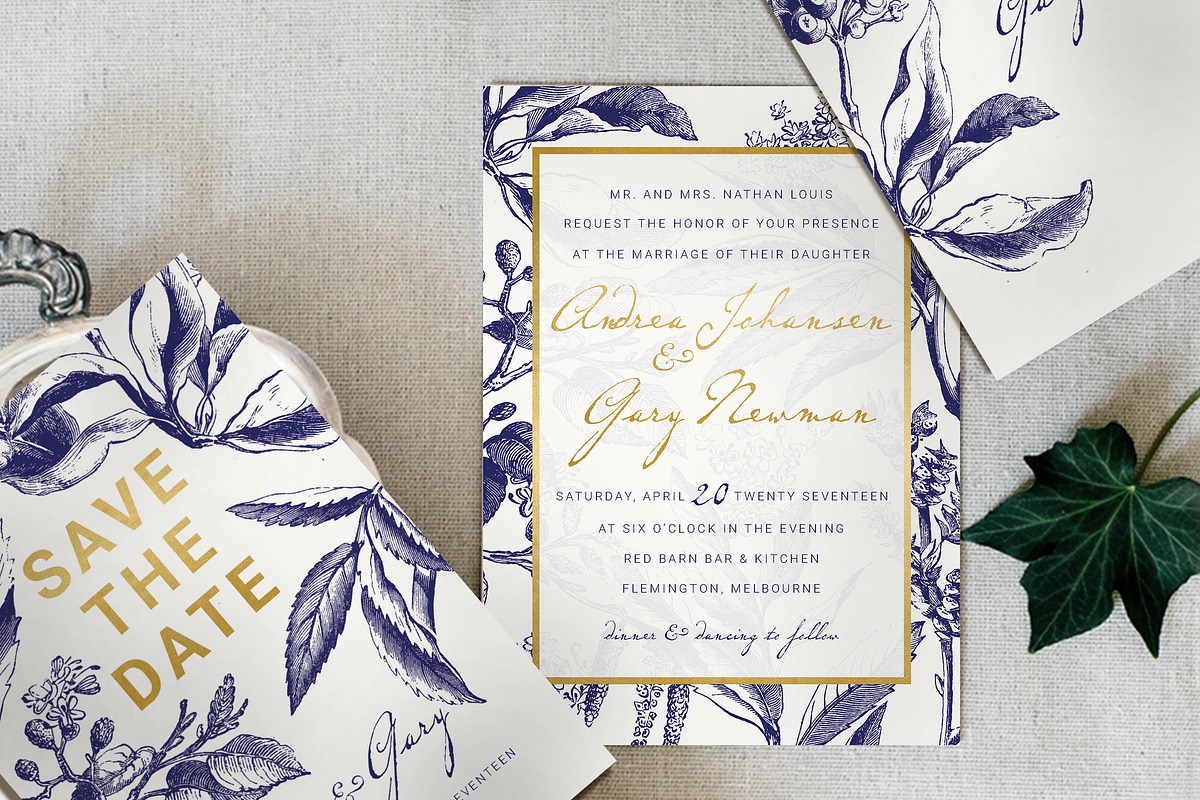 Gold & Navy Wedding Invitation Suite, an Invitation Template by BlueRobinDesignShop (Photo 1 of 7)