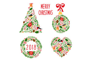 Cute Vintage Hand Drawn Rustic Floral Christmas Symbols